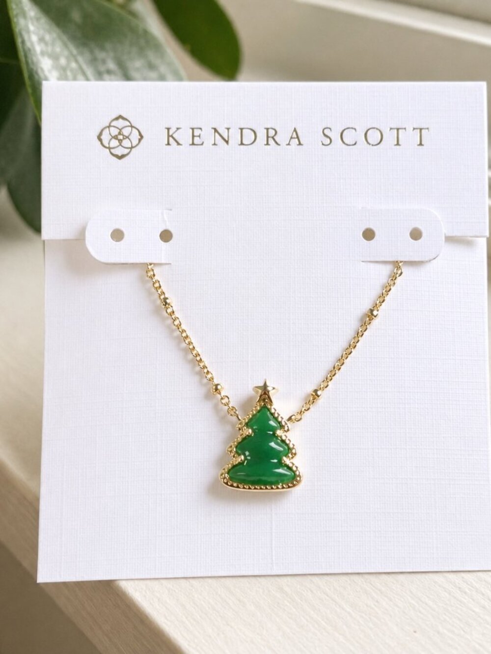 Kendra Scott Holiday Tree Gold Short Pendant Necklace Green Christmas Tree